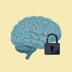Flat vector illustration of a human brain with padlock, modern style in soft tones symbolizing mental security and locked thoughts