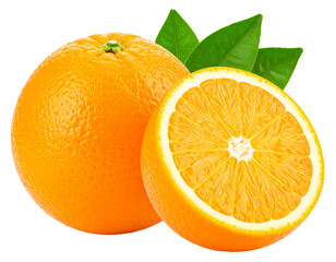 Whole and Halved Orange with Green Leaves