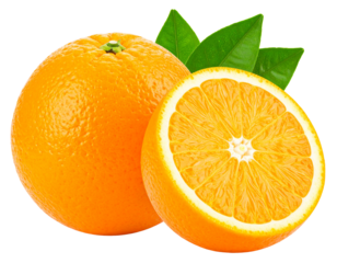 Whole and Halved Orange with Green Leaves