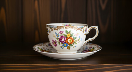 Fototapeta premium Elegant floral teacup and saucer rest on a dark wooden surface.