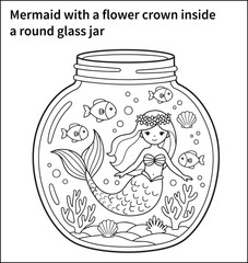 A mermaid with a flower crown inside a round glass jar, surrounded by cute fish, seashells, and coral branches—designed with simple, bold outlines for early learners.