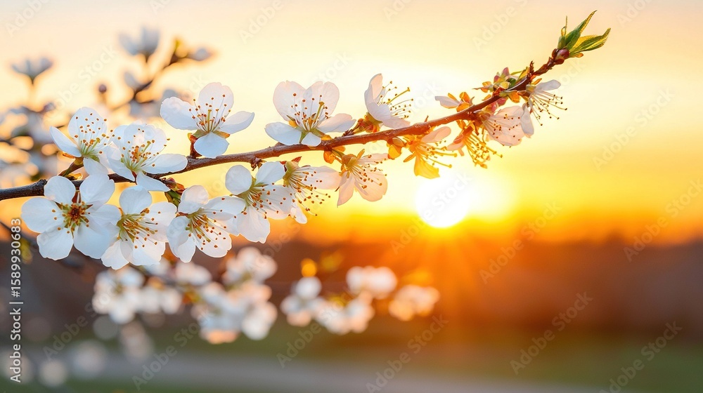 Poster a close-up of a flower on a tree branch with the sun setting behind it