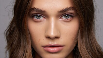 Fototapeta premium Rostro de mujer de cerca con piel perfecta y saludable y pecas naturales, ojos azules penetrantes y cabello castaño ondulado. Concepto de cosmetología, cuidado de la piel y belleza real.