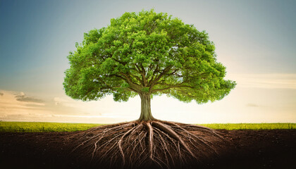a vibrant green tree stands proudly its strong roots deeply embedded in rich soil symbolizing endurance and vitality