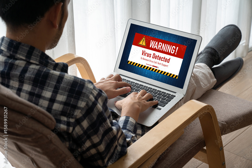Aufkleber virus warning alert on computer screen detected modish cyber threat , hacker, computer virus and mal