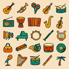 Cartoon musical instruments vector illustration set music orchestra band drawing collection design art