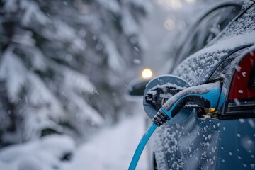 Charging an electric car in snowy weather with a blue charging cable amidst a beautiful winter setting during daylight