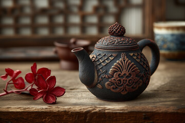 tetera tradicional china hecha de arena petrificada, visualmente parece antigua o hierro fundido, ancestral, al lado de una flores rojas sobre una mesa de madera, fondo decorado temática oriental
