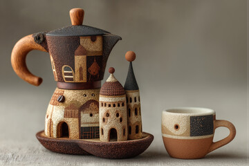 cafetera italiana hecha de arena petrificada, visualmente parece un souvenir, decorado o pintado a mano como si fuese un pueblo, dos frascos sobre bandeja de madera y una taza a juego, fondo gris 