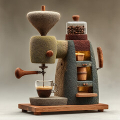 cafetera expreso hecha de fieltro y madera, visualmente parece un souvenir, decorado hecho a mano como si fuese un juego, molinillo de café accesorios, fondo gris 