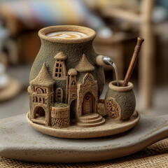 tetera mate hecha de arena y madera, visualmente parece un souvenir, decorado hecho a mano como si fuese una casita de cuento, accesorios, fondo decorado comercio 
