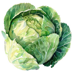 Fototapeta premium Organic cabbage drum with watercolor texture and visible brushstrokes, white isolated background. Fresh produce concept for markets or recipes