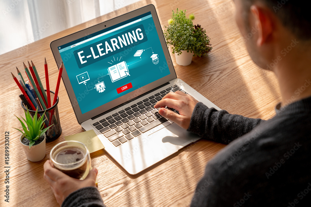 Poster e-learning website with modish sofware for student to study online on the internet network