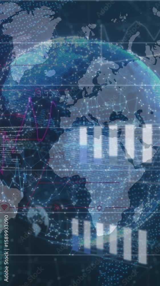 Poster Animation of data processing with globe and world map on black background