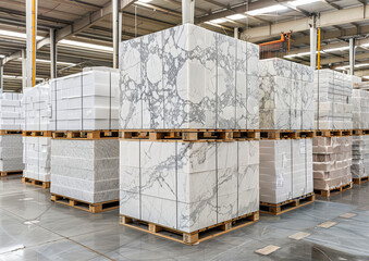 White marble slabs are neatly stacked on pallets inside a spacious warehouse, ready for use in various construction projects