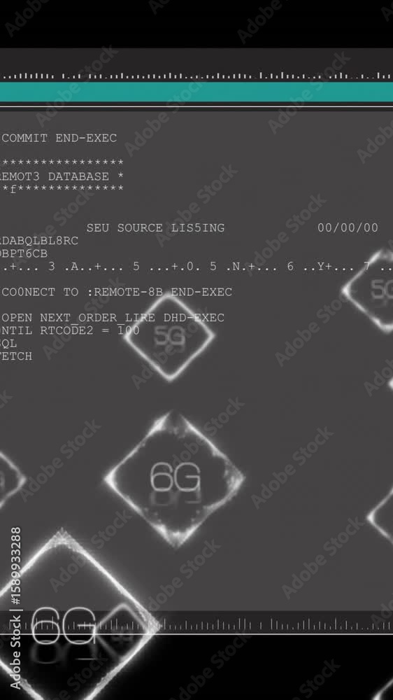 Poster Terminal screen with SQL commands, 5G and 6G network animation over it