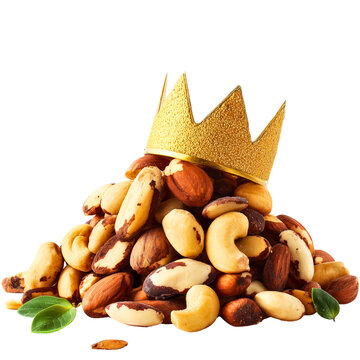 a pile of tasty brazil nuts, no shell, wearing a golden crown isolated over white (transparent) background