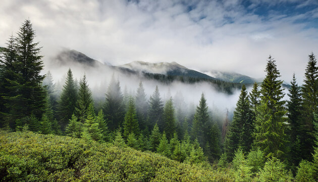misty fir forest with foggy mountains and trees with beautiful hipster vintage landscape ai generated image