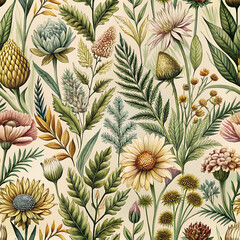 vintage ornament with wildflowers for background. seamless pattern