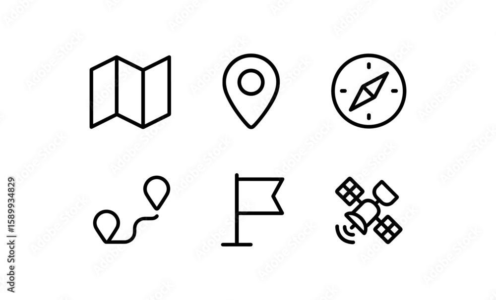 Poster minimalist navigation and location icon set in black line style