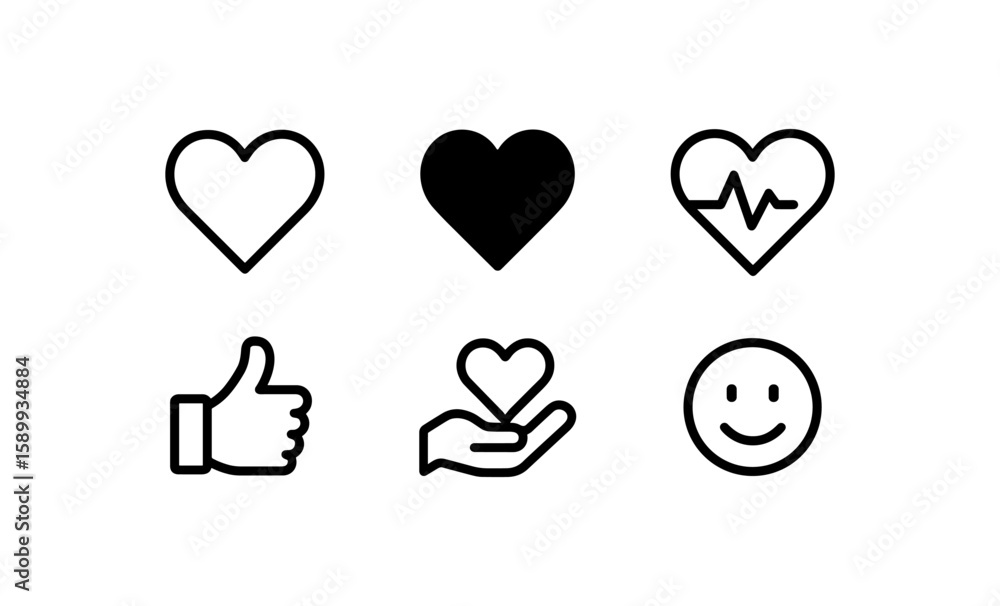 Poster minimalistic heart and emotion icons set with stroke and fill variations for social media