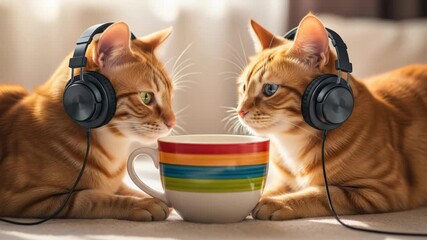 Two Cats Listening to Music with Headphones and Colorful Cup - Powered by Adobe