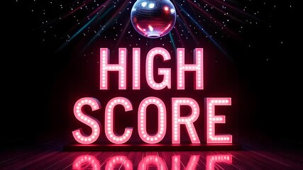 High score text with disco ball and light rays on a dark background with wooden floor shine - Powered by Adobe