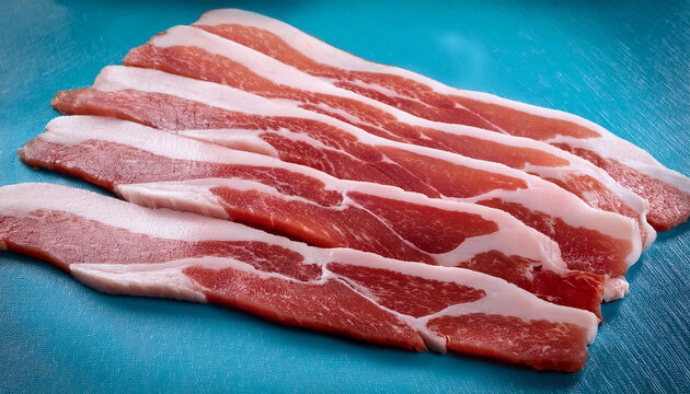 close up of several raw uncooked bacon strips showing the layers of pink meat and white fat with visible texture and marbling