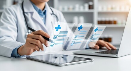 A doctor reviews patient medical records on a tablet and laptop, utilizing digital healthcare technology