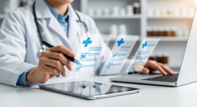 A doctor reviews patient medical records on a tablet and laptop, utilizing digital healthcare technology
