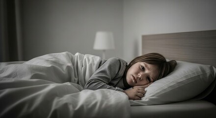 Sad child lying in bed suffering from a nightmare, looking disturbed. Sleep disorder concept, with a dark and moody atmosphere.
