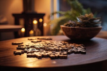 Wooden puzzle pieces scattered on a table, warm interior