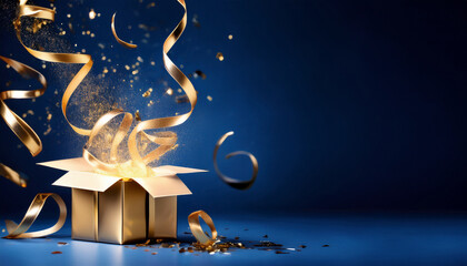 elegant gift box with floating gold streamers on dark blue background