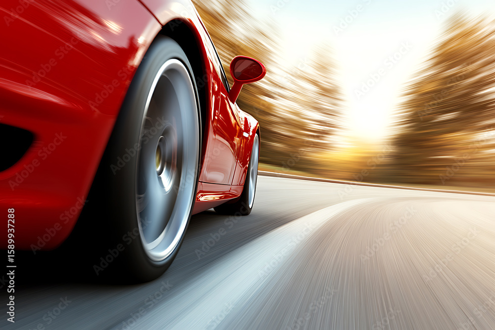 Poster red car speeding around a curve, creating a sense of movement and blurring the background. motion bl