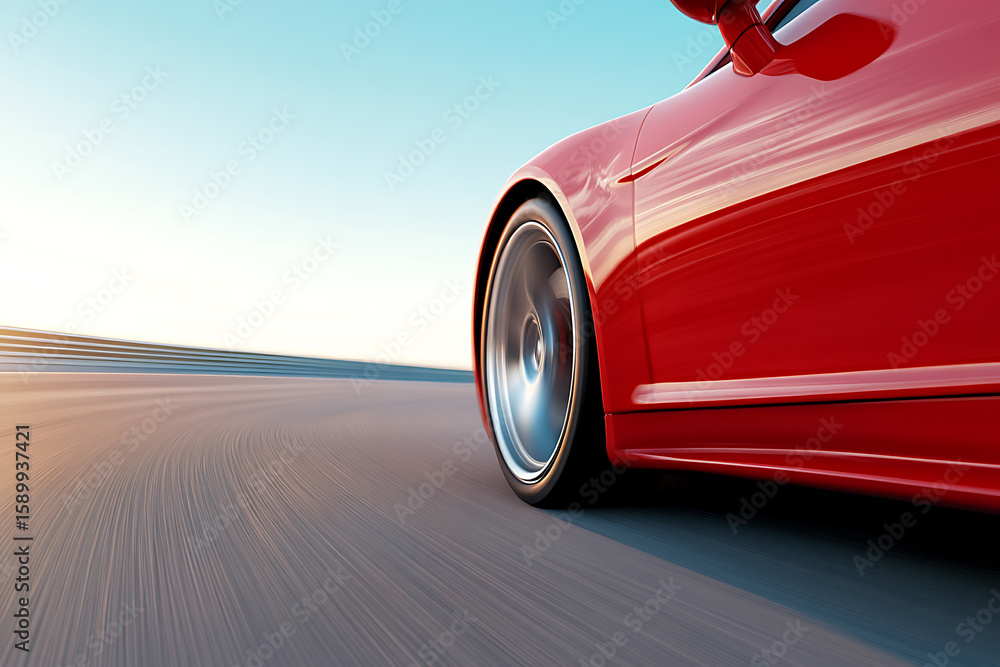 Poster motion blur image of a modern red car on a road during daytime, capturing the essence of speed and v