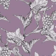 Grapevine branch with leaves and berries. Seamless pattern, Hand drawn with pencil on a lilac background. Graphic drawing. For food, packaging and cosmetics