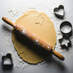 Overhead shot of shortbread dough rolled out on floured surface, vintage rolling pin, cookie cutters, and scattered flour. Soft moody kitchen light copy