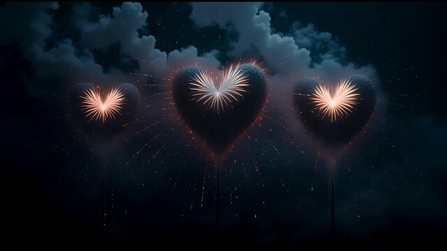 Three heart shaped fireworks against a night sky with clouds creating a romantic scene