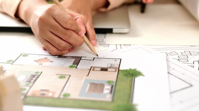 Professional engineer team discussion about house design on meeting table with architectural equipment and building blueprint scatter around at modern office. Focus on hand. Closeup. Delineation.