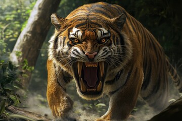Fototapeta premium Enormous Saber-toothed Tiger, large Saber-toothed Tiger stands majestically