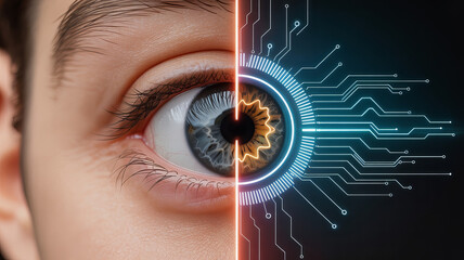 Human and Digital Eye Fusion: A conceptual image merges a human eye with a digital circuit board eye, highlighting the fusion of biology and technology.