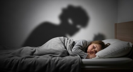 Fototapeta premium Young caucasian girl sleeping in bed with a monster shadow on the wall. Childhood fear and sleep disturbance concept for psychiatry.