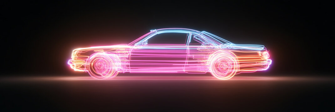 Fototapeta Neon Car Outline: A vibrant display of a car rendered in neon lights, highlighting its sleek design against a dark backdrop, perfect for futuristic visuals.