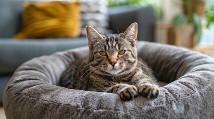 A tabby cat relaxes in a round plush cat bed with high walls, enjoying the comfort of its cozy nook in a stylish living area