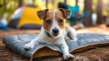 Outdoor setting features a travel dog bed that rolls up for portability, as a dog relaxes on it amidst nature and camping gear