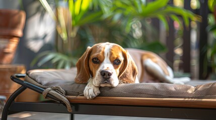 Comfortable beagle resting on an elevated dog bed with mesh surface in a bright garden filled with plants, enjoying sunlight and tranquility