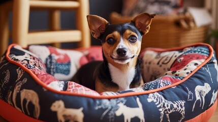 Small dog enjoying a personalized bed designed for comfort and style, set in a warm and inviting living space