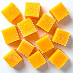 Frozen mango cubes on white background, tropical fruit food photography closeup