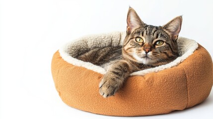 A relaxed cat reclines in a comfortable round pet bed made of soft materials, set against a clean white backdrop perfect for custom designs