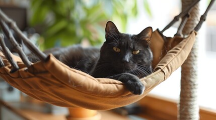 A black cat lounges peacefully in a hammock-style bed, enjoying a moment of relaxation between two solid supports in a warm environment